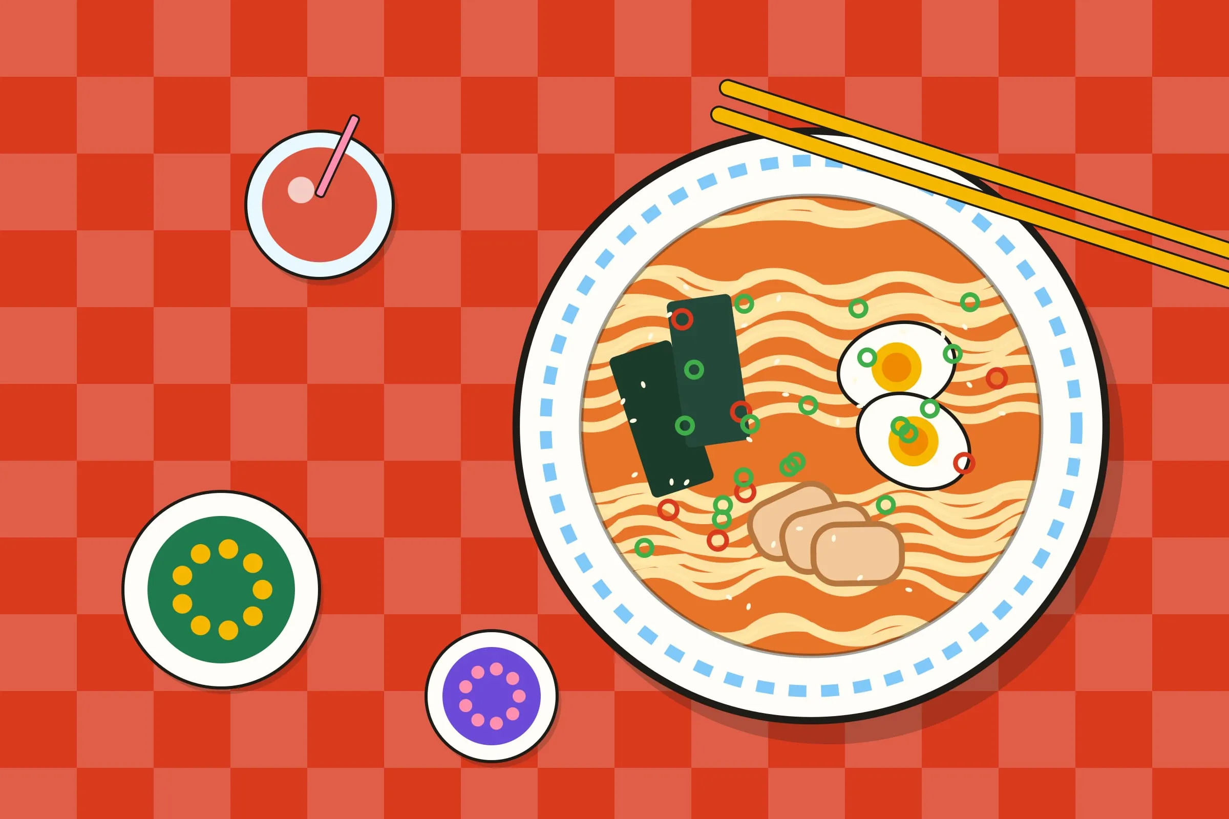 Illustration: Ramen-Schüssel mit Ei, Nori und Stäbchen auf einer rot karierten Tischdecke